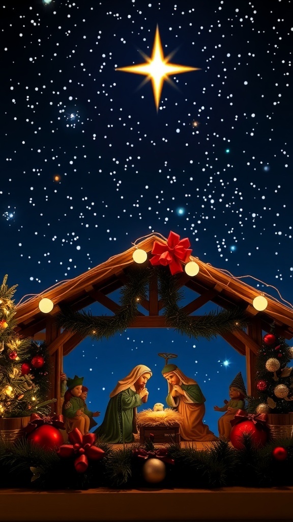 A peaceful nativity scene with a starry sky, representing the birth of Jesus at Christmas.